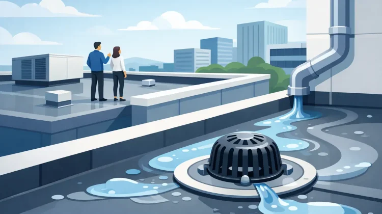 Commercial roof drainage guide for NJ and Staten Island owners: prevent ponding, leaks, foundation damage, and costly storm repairs before they grow.