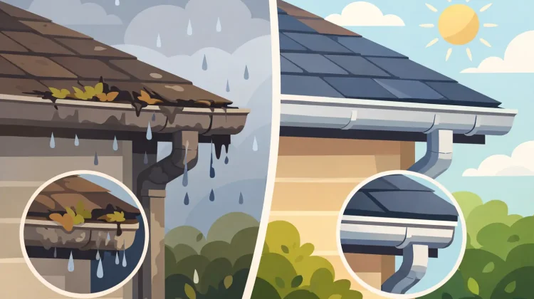 See gutter replacement before and after results: better drainage, fewer leaks, and stronger protection for foundations, siding, rooflines, and landscaping.